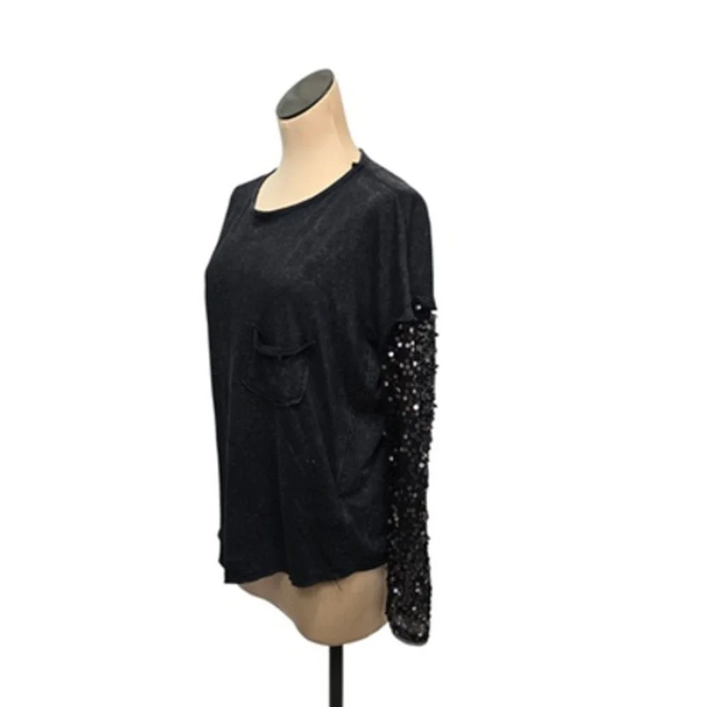 Free‎ People Black Distressed Sequin Sleeve Pocket T-Shirt Top XS